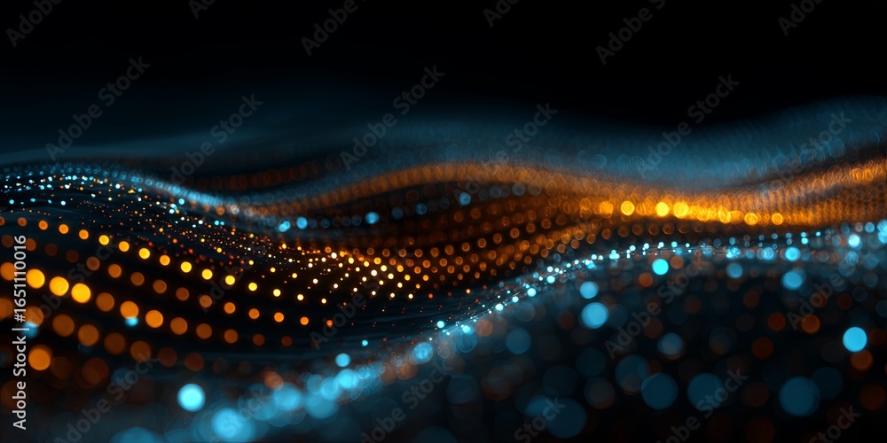 Poster abstract blue and orange digital background featuring glowing lines and dots representing futuristic