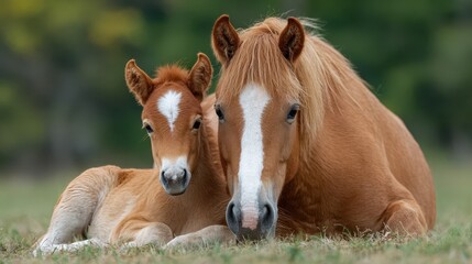 Two horses resting together in a peaceful meadow on a sunny day in spring