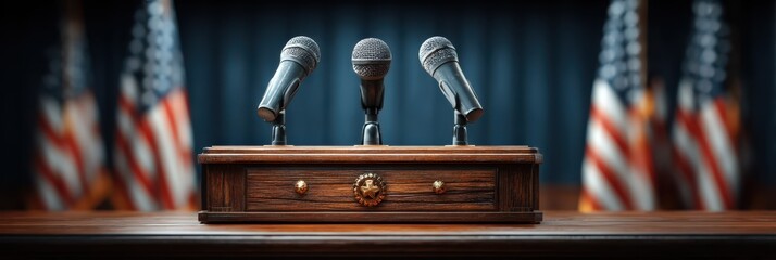 Media briefing setup with microphones and flags in a formal government setting