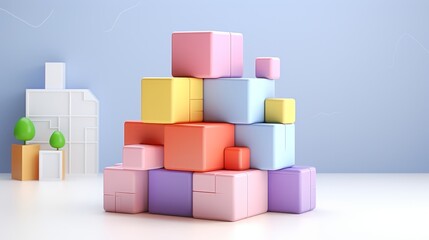 Obraz premium A colorful arrangement of building blocks against a soft blue background, featuring geometric shapes and playful design elements.