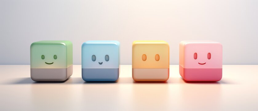 Colorful cube characters with smiling faces, arranged in a row on a light surface, exuding a playful and cheerful vibe.