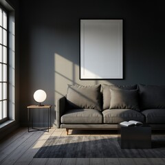 modern living room with vertical blank wall frame mockup, empty canvas poster template. Interior mockups with home interior background. minimalist home decor wall art design. 3D render