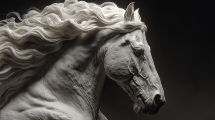 Majestic white horse with flowing mane in a dramatic black background showcasing elegance and strength