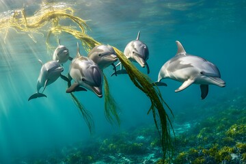 Fototapeta premium Pod of dolphins swimming gracefully through kelp forest underwater