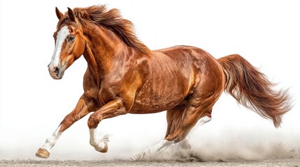Obraz premium Majestic chestnut horse galloping through dusty landscape in bright daylight