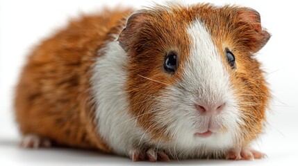 Close-up of a brown and white guinea pig resting on a clean surface in a well-lit setting
