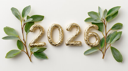 Happy New Year 2026 text design. 3d gold font with metal effect. Volumetric inscription 2026 with green leaves, isolated on white background, AI generation
