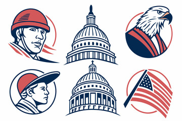 American patriotic symbols including eagle, capitol building, soldier, flag