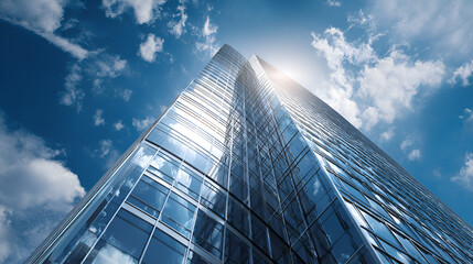 Modern Glass Skyscraper, Blue Sky, Sunlight, Upward View, Architectural Design, Corporate Success, Business Growth, Ambition, Aspiration, Urban Landscape, Dynamic Perspective.
