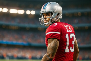 Fototapeta premium American football player wearing red jersey with number 13 standing on field in stadium under bright lights during game. Ai generative.
