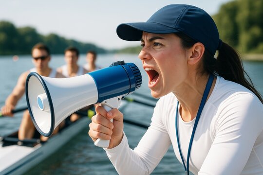 Female rowing coach shouting through megaphone during team training on river, with rowers blurred in the background on a sunny day outdoors. Ai generative - Powered by Adobe