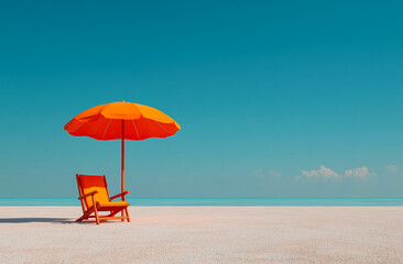 Beach chair with orange umbrella on the beach. 3d rendering