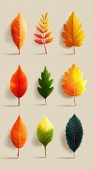 Fototapeta premium Colorful display of autumn leaves arranged artistically on a neutral background