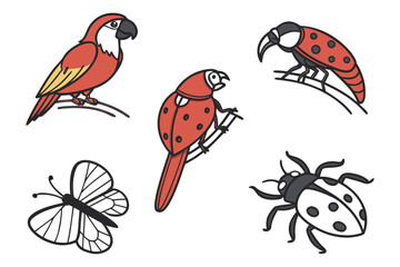 Collection of colorful parrots and insects isolated on white background