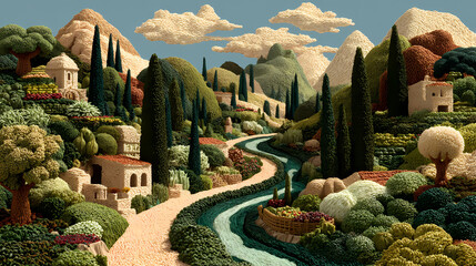 Mediterranean landscape crafted from fresh foods, featuring olive oil rivers and vegetable mountains under golden sunlight.