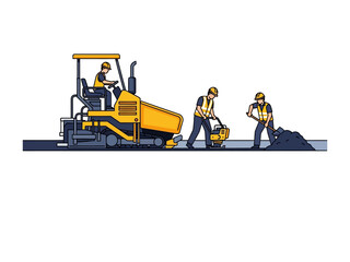 Road Construction and Maintenance: A team of construction workers expertly navigate a road paving machine and employ tools to create and maintain road surfaces.