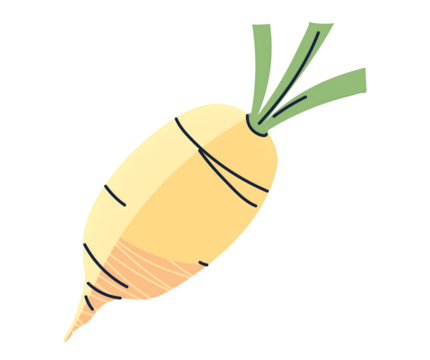 A single, pale yellow turnip with green leafy top, illustrated in a simple, hand-drawn style.