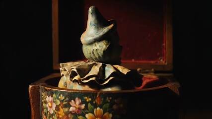 A creepy, smiling, cracked porcelain clown figure slowly rotates in a vintage jack-in-the-box. A dark and moody horror concept.