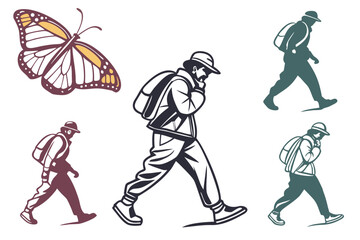 Hikers with backpacks and a butterfly illustration
