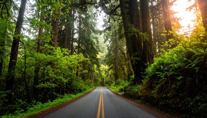 Obraz premium Road through redwood forest at sunrise
