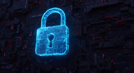 Digital Security A Glowing Padlock Symbolizing Cybersecurity on a Circuit Board