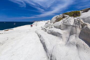 Unique white rocky formation on amazingly beautiful beach on Milos Island, Greece