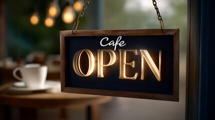 Cozy cafe scene with open sign and warm lighting