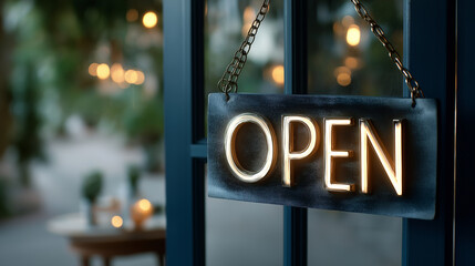 Cozy cafe scene with open sign and soft lighting