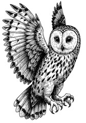 Fototapeta premium Intricate black and white drawing of a barn owl with wings partially spread, showcasing detailed feather patterns and sharp talons.