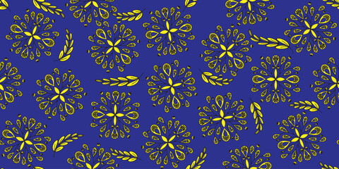 Obraz premium African ethnic traditional blue background pattern. seamless beautiful Kitenge, chitenge style. fashion design in colorful. Geometric yellow floral abstract motif. Ankara prints, African wax prints.
