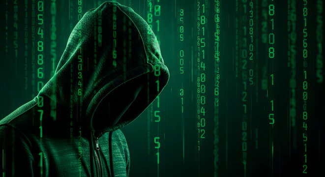 Anonymous hacker in a dark hoodie against a green binary code background. Concept of cybercrime, data breach, malware, and internet security threats.
