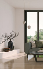 Large luxury modern bright interiors Living room mockup illustration 3D rendering image