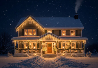 A cozy house is decorated with christmas lights and snow, creating a warm and inviting atmosphere on a cold winter night