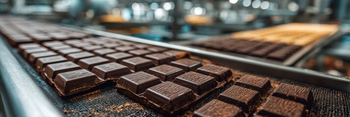 Chocolate production process inside a factory showcasing various chocolate bars on conveyor belts