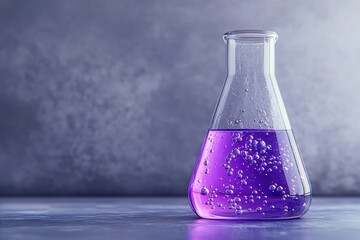 A glass Erlenmeyer flask filled with vibrant purple liquid and suspended bubbles, set against a textured backdrop.
