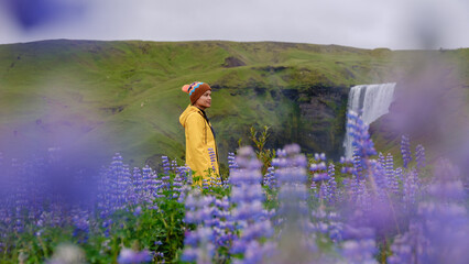 A traveler in a bright yellow jacket stands amid blossoming purple flowers near a stunning...