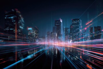 Fototapeta premium Cityscape at night with vibrant light trails
