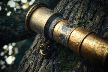 Obraz premium An antique brass telescope rests on a mossy tree trunk, evoking a sense of exploration and historical discovery in nature.
