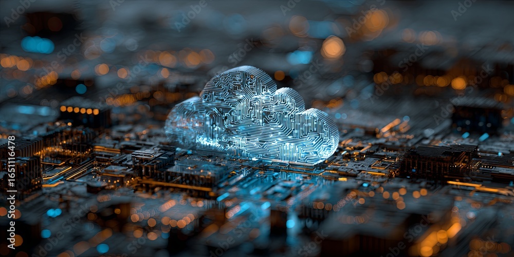 Poster digital representation of cloud computing with glowing circuitry and data streams in a vibrant techn