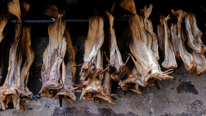 In a rustic setting of the Faroe Islands, dried fish are arranged and hanging to air-dry.