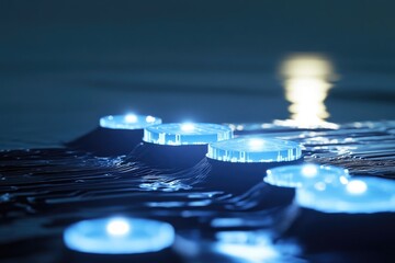 Blue, glowing, round platforms on a dark surface with lines suggesting connectivity, hinting at technology or data processing.