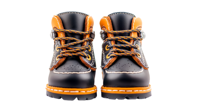 PNG a black boot with orange laces photographed against a on a transparent background