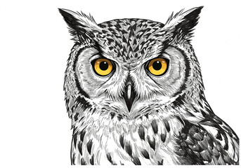 Fototapeta premium Detailed illustration of an owl's face, showcasing its piercing yellow eyes and intricate feather patterns against a white backdrop.