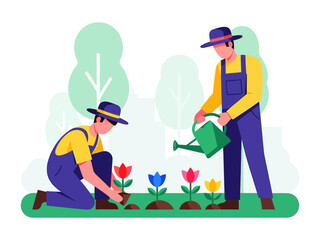Nurturing Blooms: Two individuals are meticulously tending to a vibrant flower garden, symbolizing growth and care, planting and watering flowers with dedication and skill.