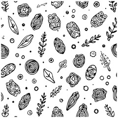 Seamless pattern displaying various organic shapes and natural elements in a doodle style background illustration