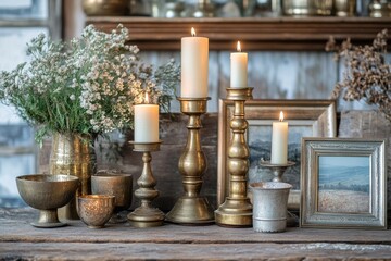 A cozy arrangement of lit candles, floral arrangements, and vintage decor elements on a rustic wooden surface.