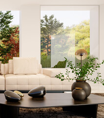 Large luxury modern bright interiors Living room mockup illustration 3D rendering image