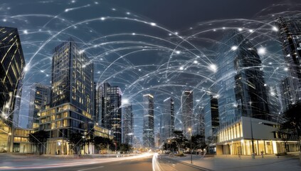 Cityscape at night with digital network connections
