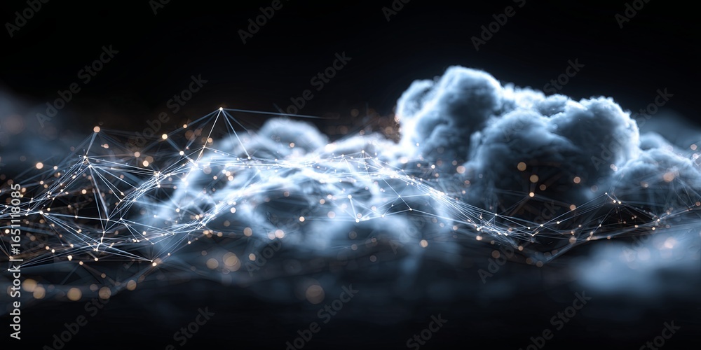 Poster abstract digital cloud technology background with data streams, glowing networks, and interconnected