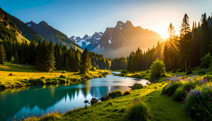 Mountain valley river sunrise landscape